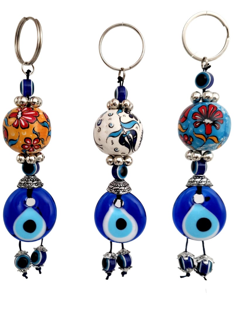 Erbulus Turkish Blue Evil Eye Keychain with Flower Patterned Ceramic Ball - Gift for Men or Women Set of 3 (Ceramic) - Image 1